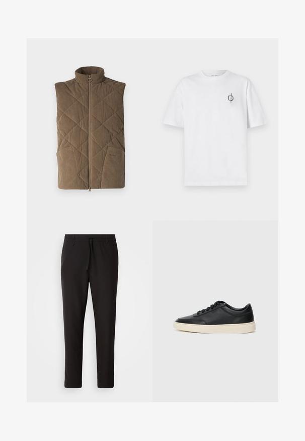 Colete de veludo cotelê castanho com um padrão acolchoado, gola alta, fecho frontal com zíper e dois bolsos laterais. Design simples e funcional.; Camisa de algodão branca com um corte relaxado, apresentando um pequeno logótipo gráfico preto na área do peito esquerdo. Mangas curtas, estilo de gola redonda.; Calças de jogging pretas feitas de tecido liso. Apresentam uma cintura elástica com cordão, pernas ligeiramente ajustadas e sem bolsos visíveis. Design simples.; Sapatilha preta de cano baixo em pele com atacadores pretos e sola off-white, apresentada em perfil lateral sobre fundo branco.