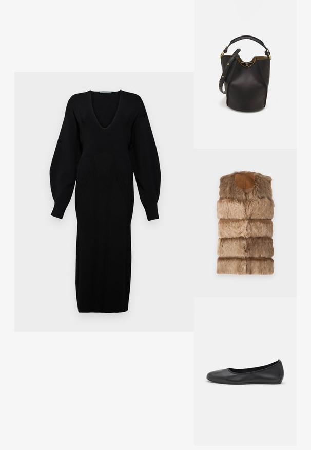 Faux fur sleeveless vest in light brown with a soft, textured surface. Features a round neckline and horizontal quilted design.; Black knitted dress with a deep V-neck, long voluminous sleeves, and textured pattern detailing on the bodice.; Black leather ballet flat with a rounded toe, smooth texture, minimal stitching detail, and a flexible sole design.; Black leather bucket bag with a textured finish, gold hardware accents, and an open top. Features a short handle and adjustable shoulder strap.