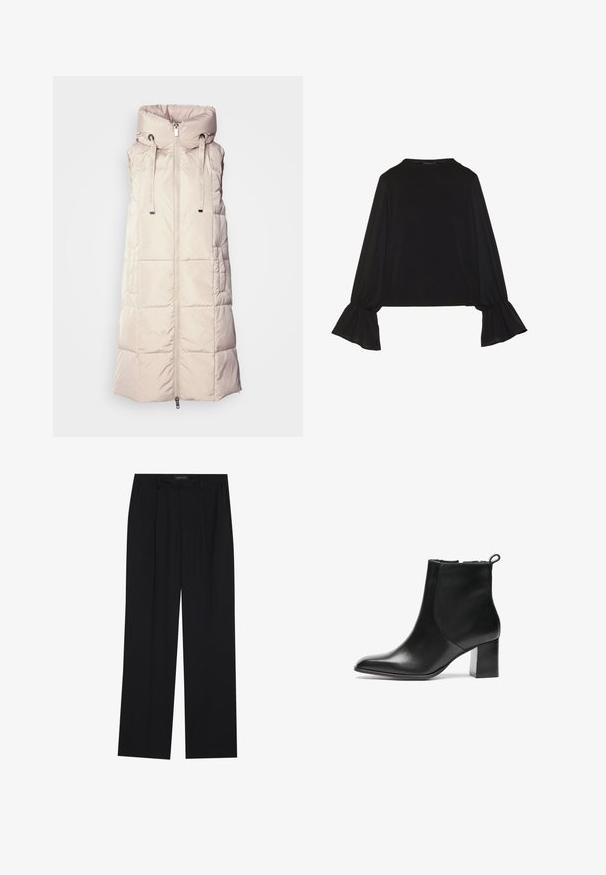 Mos Mosh SQUARE WAISTCOAT - Vesta - feather gray; Černý top s dlouhými rukávy, který má rozšířené manžety, jemnou texturu a volný střih, s jednoduchým kulatým výstřihem.; Černé kalhoty se střihem rovného nohavice, které mají dvě přední kapsy a pas. Vyrobené z hladkého, lehkého materiálu.; Černá kožená kotníková bota s kulatou špičkou, středně vysokým blokovým podpatkem a poutkem na zadní straně. Hladká textura, minimalistický design.