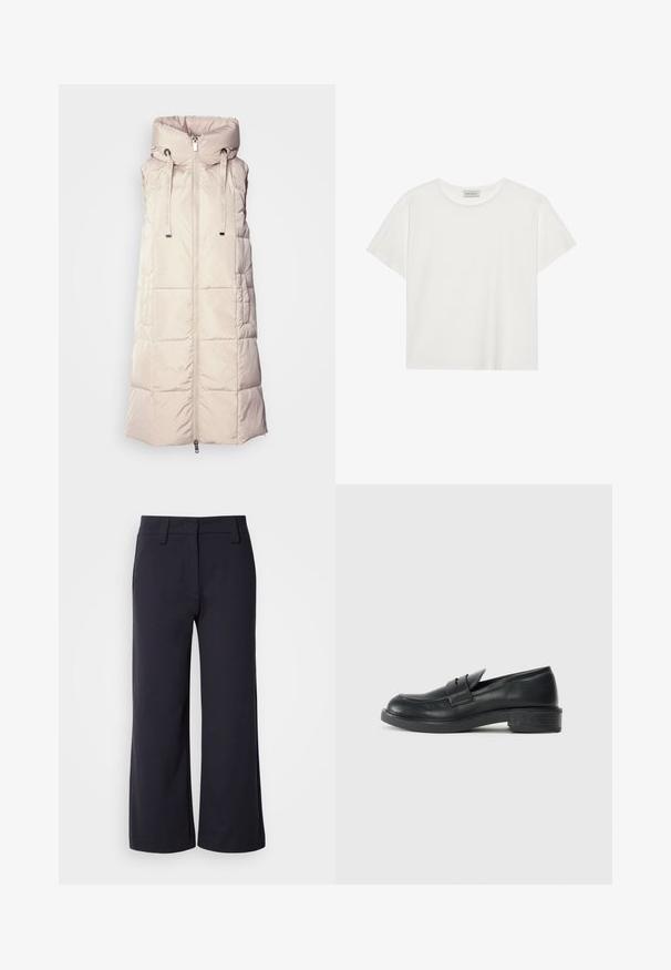 Mos Mosh SQUARE WAISTCOAT - Vest - feather gray; Hvit T-skjorte med kort erm laget av myk bomull. Har rund hals og avslappet passform. Rent design uten synlige mønstre eller aksenter.; Vide benbukser i mørk navy-stof. Har flad front, bæltesløjfer og sidelommer. Materialet er glat med en let stræk.; Sorte skinnloafere med rund tå, sydd detaljer og en liten hæl. Glatt tekstur og en fleksibel gummisåle.