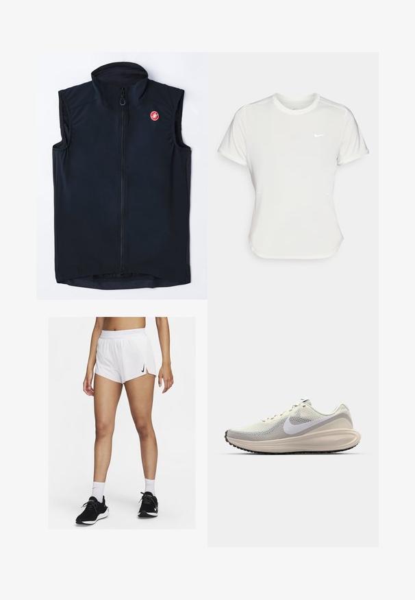 Juoda liemenė be rankovių su aukštu apykakle, užtrauktuku priekyje ir mažuoju raudonu logotipu. Pagaminta iš lygaus, lengvo audinio su prigludusia išvaizda.; Nike marškinėliai balti, trumpomis rankovėmis, apvaliu iškirpimu, pagaminti iš lygaus, lengvo audinio. Yra subtilus logotipas ant krūtinės.; Balti sportiniai šortai su iškiliais juosmens dirželiais, šoninėmis skeltukėmis ir juodu Nike logotipu. Dėvimi su juodais sportbačiais ir baltais aukštais kojinėmis.; Bateliai su šviesiai pilku tinklu viršuje, baltu Nike swoosh, paminkštintu tarpu, lieknu siluetu ir juodu guminiu padu su protektoriaus raštu.