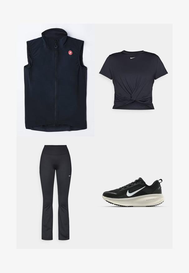 Melna bez piedurknēm veste ar augstu apkakli, ar rāvējslēdzēja priekšpusi un mazu sarkanu logotipu. Izgatavota no gludas, vieglas auduma, ar pieguļošu dizainu.; Melna sporta t-kreklu ar gludu audumu, ar mezglošanas priekšpusi un mazu baltu Nike logotipu uz krūšu daļas.; Melnas sporta legingi ar augstu jostu, izgatavoti no gludas, elastīgas auduma. Kreisajā augšstilbā ir neliels balts Nike logotips.; Melnas Nike skriešanas kurpes ar elpojošu acs augšdaļu, baltu Swoosh logotipu, strukturētu apdari un krēmkrāsas ZoomX starpsole.