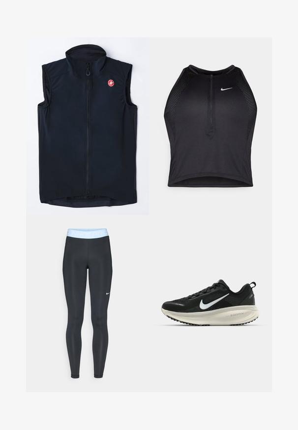 Crna bezrukava majica s visokim ovratnikom, ispred na zip, i malim crvenim logom. Izrađena je od glatke, lagane tkanine s uskim dizajnom.; Crni sportski crop top s patentnim zatvaračem, mrežastim detaljima i prilagođenim dizajnom. Izrađen od rastezljivog, prozračnog materijala. Nike logo na prednjoj strani.; Crne sportske tajice s svijetloplavim pojasom na kojem je tekst "NIKE PRO"; glatka tekstura i uski kroj. Bijeli Nike logo s lijeve strane.; Crne Nike trkačke tenisice s prozračnom mrežastom gornjom konstrukcijom, bijelim swoosh logotipom, teksturiranim detaljima i kremastom ZoomX srednjom potplatnom jedinicom.