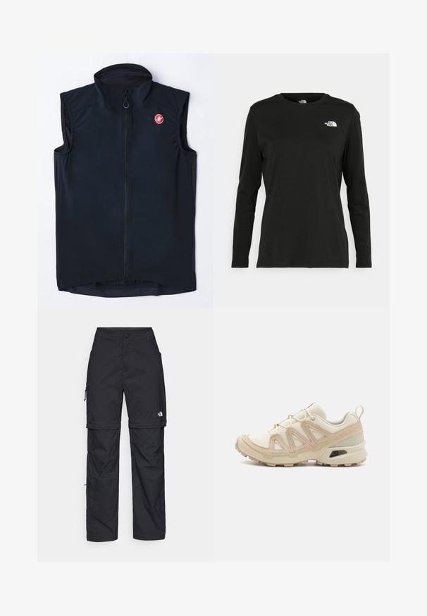 Czarna kamizelka bez rękawów z wysokim kołnierzem, zapinana na zamek z przodu, z małym czerwonym logo. Wykonana z gładkiego, lekkiego materiału z dopasowanym krojem.; Czarna koszulka z długim rękawem z bawełny z okrągłym dekoltem. Posiada niewielkie białe logo po lewej stronie na piersi. Prosty design i fason.; Czarne nylonowe spodnie cargo z odpinanymi nogawkami, regulowanymi mankietami, wieloma kieszeniami oraz logo na prawej nogawce. Gładka, lekka tekstura.; Beżowe i kremowe buty sportowe z teksturowanej siateczki, wspierającymi nakładkami oraz gumową podeszwą z wzorem bieżnika zapewniającym przyczepność.