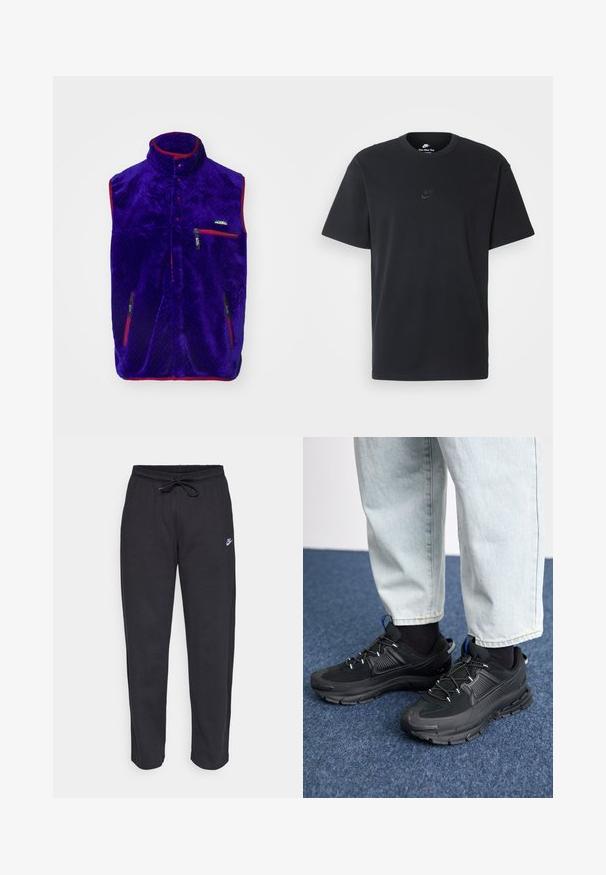 Paarse fleece vest met een hoge kraag, rode accenten en twee ritszakken. Bevat een gestructureerd patroon en een logo op de borst.; Zwarte katoenen t-shirt van Nike met een klassieke ronde hals, korte mouwen en een subtiele, reliëflogo op de borst. Gladde textuur.; Zwarte sweatpants van zacht stof met een elastische tailleband, trekkoord en een klein Nike-logo op de linker bovenbeen.; Zwarte sportschoenen met gestructureerde stof en rubberen zolen, met elastische veters en een blauwe accent op de hiel. Draag samen met lichte spijkerbroeken.