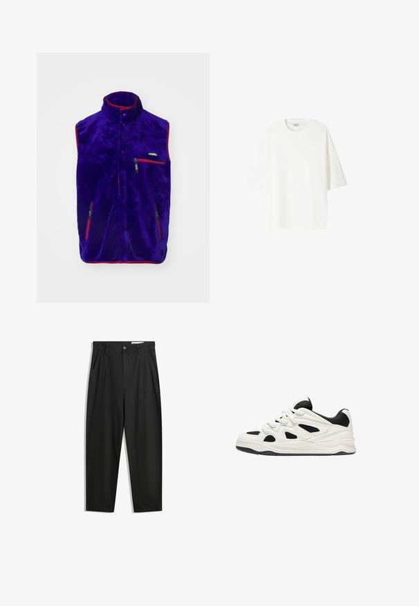 Viskoza purppurakuosisilla ja korkealla kauluksella, punaisilla yksityiskohdilla ja kahdella vetoketjullisella taskulla. Ominaisuuksiin kuuluu teksturoitu kuvio ja logo rinnassa.; Valkoinen lyhythihainen T-paita, joka on valmistettu puuvillasta. Paita on pyöreäkauluksinen ja siinä on rento istuvuus sekä suora helma.; Mustat puuvillahousut rentoa mallia, joissa on klassinen vyötärö, etukangastukset ja sivutaskut. Sileä pinta ilman kuvioita.; Valkoiset ja mustat urheilukengät, joissa on teksturoitu pohja, sivuilla leikkauksia ja nauhoja, sekä pehmustettu takapohja tuen tarjoamiseksi.