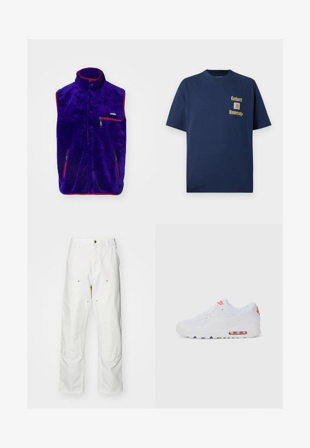 Purple fleece vest with a high collar, red accents, and two zippered pockets. Features a textured pattern and a logo on the chest.; Navy blue cotton t-shirt with short sleeves, featuring gold text "Carhartt University" and a logo patch on the left chest.; White cotton cargo pants with a relaxed fit. Features include front pockets, gold hardware accents, and reinforced knee sections.; White athletic sneaker featuring a smooth upper, lace closure, cushioned sole, and a visible air unit with red accents on the branding.