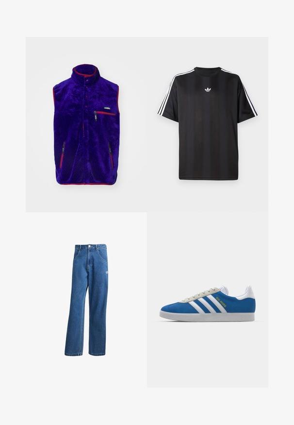 Lila Fleece-Weste mit hohem Kragen, roten Akzenten und zwei Reißverschlusstaschen. Besitzt ein strukturiertes Muster und ein Logo auf der Brust.; Schwarzes T-Shirt mit kurzen Ärmeln und weißen drei Streifen an den Schultern sowie einem kleinen weißen Logo auf der Brust. Glatte Stofftextur.; Blaue hohe, weite Jeans mit Fronttaschen, Gürtelschlaufen, Knopfverschluss und kleinem Adidas-Logo am rechten Oberschenkel.; adidas Originals ADIDAS GAZELLE SHOES - Indoor-Fußballschuhe - real madrid/bluebird/footwear white/crew yellow