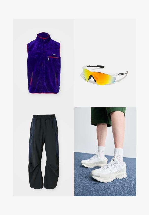 Vesta din fleece purpuriu cu guler înalt, accente roșii și două buzunare cu fermoar. Are un model texturat și un logo pe piept.; Trei maieuri albe ribbate din bumbac. Au un guler rotund și etichete negre mici lângă tiv. Disponibile în mai multe mărimi.; Pantaloni de exterior negri, cu o croială lejeră, prevăzuți cu un talie elastică, panouri laterale bleumarin și buzunare cu fermoar pe ambele părți.; Pantofi sport albi cu suprapuneri texturate, talpă masivă și accente gri. Purtați cu șosete albe până la glezne și pantaloni scurți verzi pe o suprafață albastră.; Ochelari de soare sport albi cu un design curbat, accente de cauciuc negre și un lentilă reflectorizantă portocalie-aurie care trece în albastru.