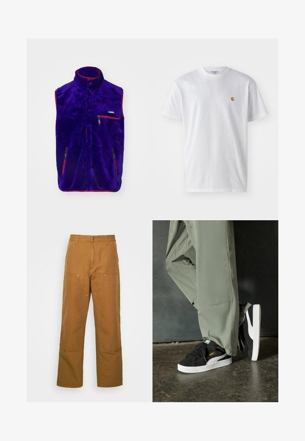 Lilla fleece vest med høy krage, røde detaljer og to glidelåslommer. Har et teksturert mønster og en logo på brystet.; Hvit bomull t-skjorte med korte ermer, rund hals, med en liten gulllogo på venstre brystområde. Myk tekstur og vanlig passform.; Brune bomull arbeidsbukser med rett ben-design, med frontlommer og metall detaljer for ekstra holdbarhet.; Sorte semskede sneakers med hvite gummisåler og sidestiper, sammen med lysegrønne cargo-bukser, står på en teksturert mørk overflate.