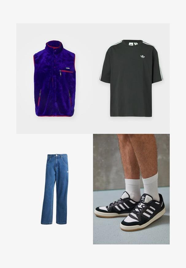 Fialová fleecová vesta s vysokým límcem, červenými akcenty a dvěma kapsami na zip. Má strukturovaný vzor a logo na hrudi.; Černé bavlněné tričko s krátkými rukávy, kulatým výstřihem a bílými třemi pruhy na ramenou. Na hrudi je malá bílá logo.; Modré vysoké široké džíny s vysokým pasem, předními kapsami, poutky na opasek, knoflíkovým zapínáním a malým logem Adidas na pravém stehně.; Černobílé tenisky s vrchní částí z semišové a kožené kůže, včetně tří bílých pruhů, perforovaného špičky a podrážky z gumy.