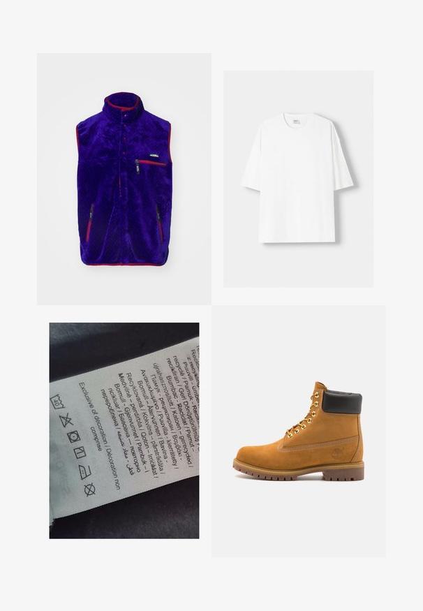 Fialová fleecová vesta s vysokým límcem, červenými akcenty a dvěma kapsami na zip. Má strukturovaný vzor a logo na hrudi.; Bílá krátkosrstá tričko s krátkým rukávem vyrobené z bavlny, se zaobleným výstřihem a volným střihem. Hladká textura, bez viditelných vzorů nebo akcentů.; Štítek s vícejazyčným textem, symboly péče a ikonami recyklace, vytištěný na měkkém materiálu připomínajícím látku ve světlé barvě.; Hnědé semišové kotníkové boty s černým polstrovaným límcem, zlatými kovovými očky, bílým prošíváním a odolnou gumovou podrážkou s výraznými drážkami.