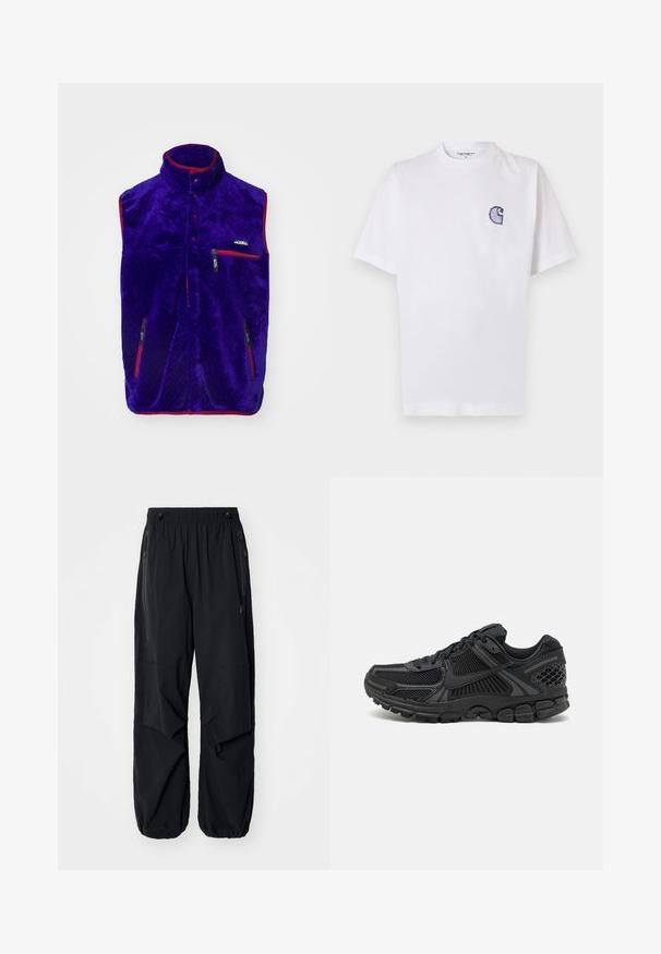 Lila fleeceväst med hög krage, röda accenter och två dragkedjefickor. Har ett strukturerat mönster och en logotyp på bröstet.; Vitt bomullst-shirt med korta ärmar, rund halsringning och en liten, broderad blå "C"-logga på vänster bröst.; Svarta lätta cargobyxor med elastisk midja, sidoklaffar och rymliga fickor. Har en lös passform och smalnande benslut.; Svart träningsskor med ovandel i mesh, gummisula och texturerade detaljer. Designen inkluderar ett framträdande snörningssystem och en vadderad sula.