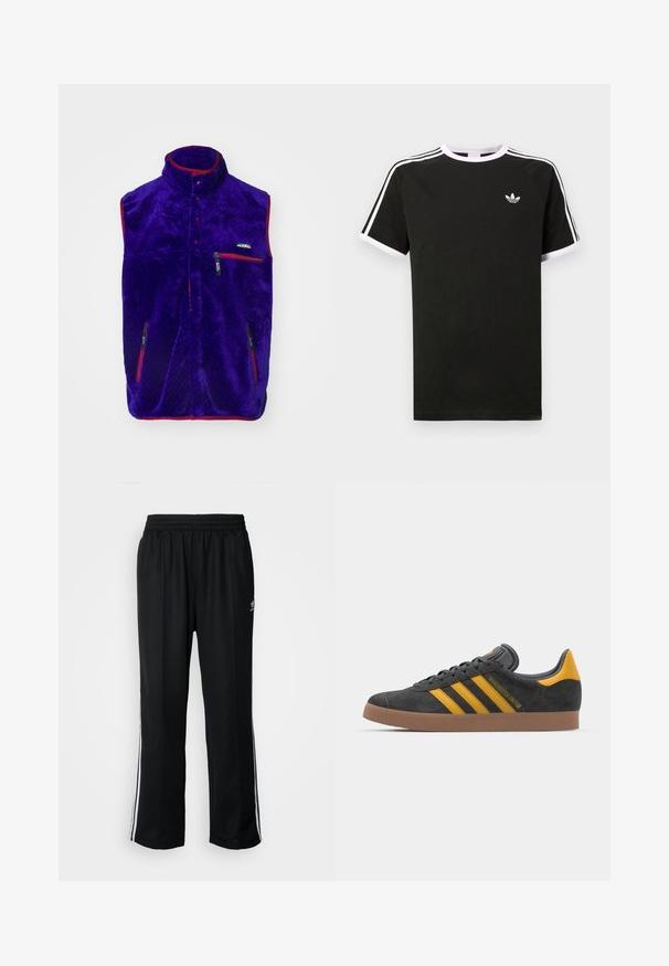 Gilet in pile viola con colletto alto, dettagli rossi e due tasche con cerniera. Presenta un motivo testurizzato e un logo sul petto.; T-shirt nera in cotone con dettagli bianchi. Presenta maniche corte, design raglan e un piccolo logo sul petto. Tre strisce bianche sulle spalle.; Pantaloni da allenamento neri con elastico in vita, dotati di bande laterali bianche e un piccolo logo. Il materiale sembra morbido e leggero.; Sneaker in suede nero con dettagli gialli, dotato di tre strisce e una suola in gomma marrone. Include una linguetta imbottita per il comfort.