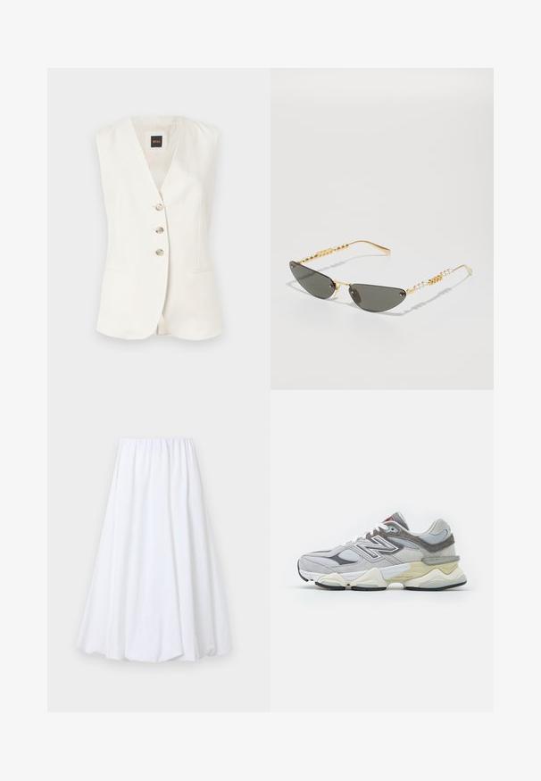 Ærmeløs hvid vest med dyb V-udskæring, tre frontknapper og to sidelommer. Lavet af glat stof med en struktureret pasform.; Grå sweatshirt med "PARIS" i fed, lyseblå skrift tværs over fronten. Har en rund halsudskæring samt ribbede manchetter og kant.; Hvid ankel-længde nederdel med en elastisk talje, lavet af letvægtigt stof med en glat tekstur og en svævende silhuet.; Grå ruskind og mesh sneakers med en tykk hvid og beige sål, der har et fremtrædende hvidt logo og røde accentdetaljer.; Guldindfattede solbriller med mørkegrå linser. Unik katteøjeform. Stængerne har vekslende guldperler og perleaccenter.