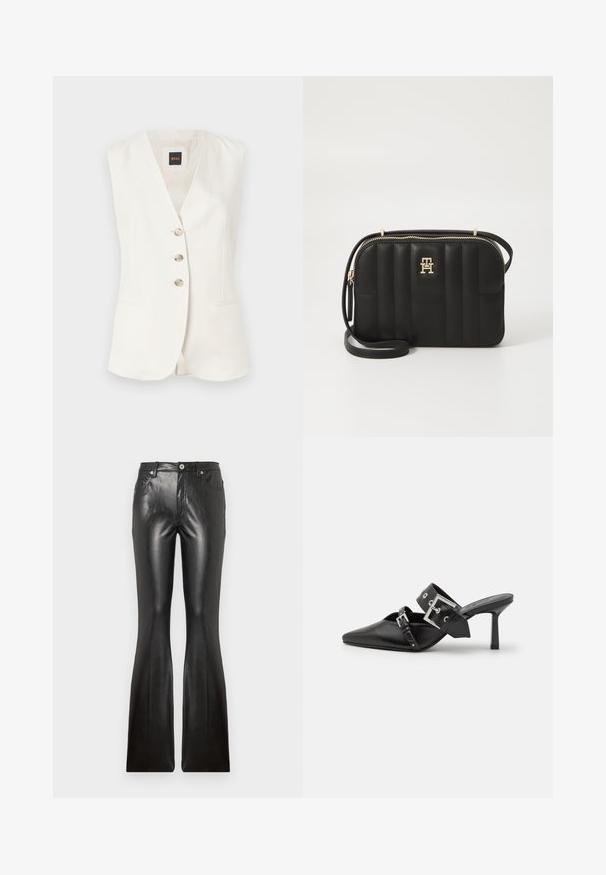 Canotta bianca senza maniche con scollatura a V profonda, tre bottoni frontali e due tasche laterali. Realizzata in tessuto liscio con una vestibilità strutturata.; T-shirt bianca in cotone con maniche corte, scollatura rotonda e una toppa rettangolare blu con la scritta "HUGO" al centro davanti.; Pantaloni flare neri in pelle con una texture liscia, cinque tasche, chiusura frontale con bottone e una silhouette attillata sulle cosce.; Mule nere con tacco alto e punta affilata, realizzate in pelle liscia. Presentano una larga cinghia alla caviglia con una fibbia quadrata argentata e borchie.; Borsa a tracolla nera trapuntata realizzata in materiale sintetico con hardware in tonalità oro, dotata di chiusura con zip e dettaglio del logo sul davanti.