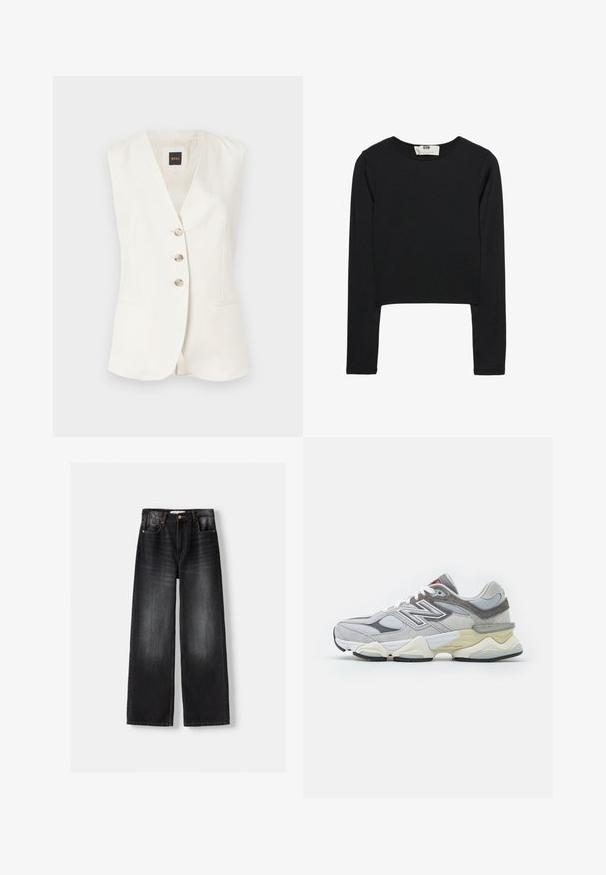 Ärmelloses weißes Oberteil mit tiefem V-Ausschnitt, drei vorderen Knöpfen und zwei Seitentaschen. Hergestellt aus glattem Stoff mit einer strukturierten Passform.; Schwarzes Langarm-Crop-Top aus leichtem Stoff, mit rundem Ausschnitt und taillierter Silhouette, sauberen Nähten und ohne Verzierungen.; Bershka Flared Jeans - black; Graue Wildleder- und Mesh-Sneaker mit einer dicken weißen und beigen Sohle, ausgestattet mit einem auffälligen weißen Logo und roten Akzentdetails.