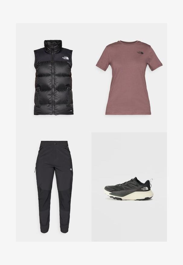 Svart puffer-väst med hög krage, dragkedja framtill och två sidofickor med dragkedja. Tillverkad av ett slätt, isolerat material med en logotyp på bröstet.; Kortärmad, rundhalsad t-shirt i dämpad mauve, tillverkad av mjukt tyg. Har en liten, svart logotyp på övre vänstra bröstet.; Svarta utomhusbyxor gjorda av slitstarkt material. Har fickor med dragkedja, förstärkta knäpaneler och en rak skärning för rörlighet.; Svart atletisk sko med en texturerad ovandel, med grå accenter och en vit mellanläggssula. Inkluderar en dragtab och en framträdande varumärkeslogotyp på hälen.
