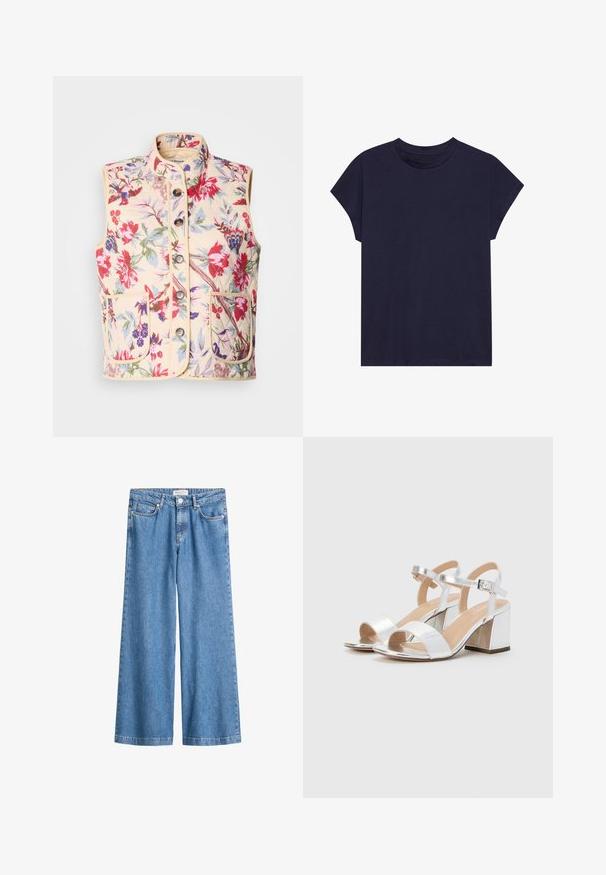Kamizelka w kwiatowy wzór w kolorze kremowym, z wysokim dekoltem, siedmioma guzikami i dwoma przednimi kieszeniami, o pikowanej fakturze i kontrastujących wykończeniach.; Granatowa bawełniana koszulka z okrągłym dekoltem i krótkimi rękawami, charakteryzująca się luźnym krojem i gładką fakturą. Bez wzorów ani akcentów.; Jasnoniebieskie dżinsy z szerokimi nogawkami, z zapięciem na guzik i zamek błyskawiczny, przednimi i tylnymi kieszeniami oraz szlufkami na pasek.; Srebrne sandały na wysokim obcasie z otwartymi palcami, z dwiema szerokimi paskami i zaokrąglonym blokowym obcasem. Gładka tekstura z metalicznym wykończeniem.