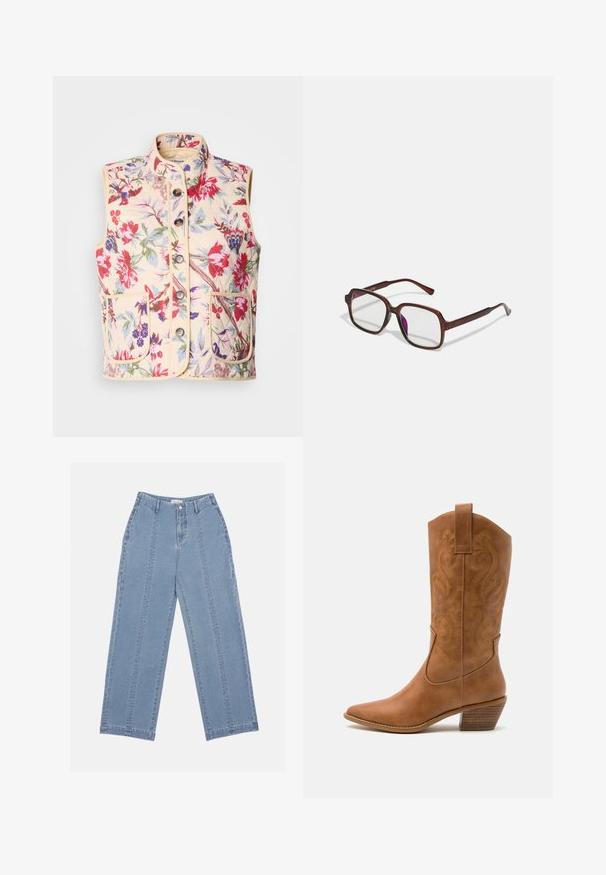 Gėlių raštas liemeniukas kreminės spalvos, su aukšta apykakle, septyniais mygtukais ir dviem priekiniais kišenėmis, su pagalvėlės tekstūra ir kontrastingais apvadais.; Juodas be rankovių golfo tipo megztinis, pagamintas iš lygaus audinio. Prigludęs dizainas su aukšta apykakle ir tiesia apačia, minimalistinis ir vienos spalvos.; Šviesiai mėlynos plačios kojų džinsai, pagaminti iš denimo. Turi aukštą liemenį, mygtukų užsegimą ir matomą siuvimą. Priekyje nematyti kišenių.; Ruda odinė kantri batai su smailiu būtų pirštu, siuvinėtais spiralės raštais ant viršaus ir su kamščiu blokuotu kulnu. Yra tamprių užtraukių, kad būtų lengviau užsidėti.; Rudos, stačiakampiai akinių rėmeliai su skaidriais lęšiais ir violetiniais atspalviais. Lygus plastikinis rėmas su tiesiomis šventyklomis ir subtiliais akcentais.; Sidabriniai auskarai su sklandžiu, poliruotu paviršiumi. Apvalios formos ir saugus uždarymo mechanizmas. Lengvas dizainas, tinkantis kasdieniam dėvėjimui.