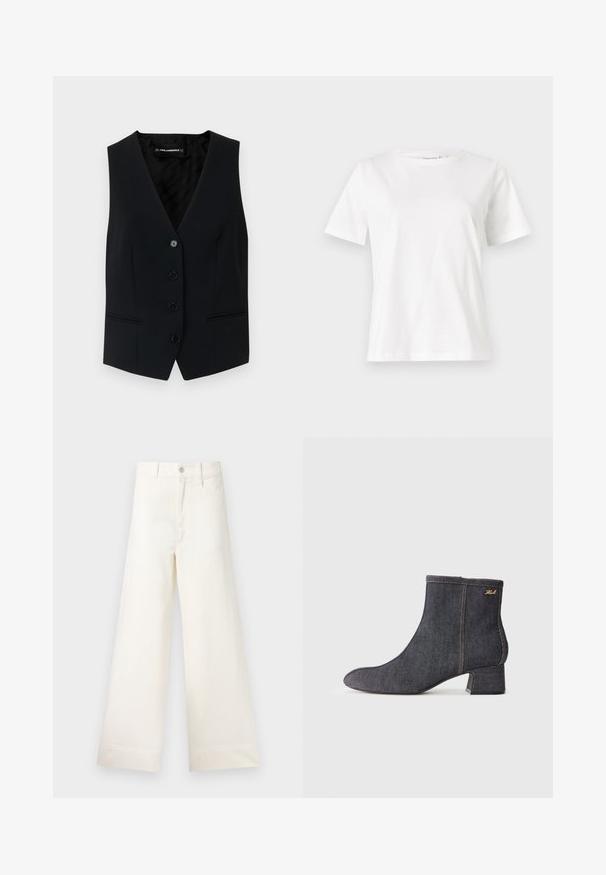 KARL LAGERFELD TAILORED WAISTCOAT - Liemenė - black; Balta medvilninė marškinėliai trumpomis rankovėmis, su apvalia iškirpte ir laisvu siluetu. Lygi tekstūra, be raštų ar akcentų, minimalistinis dizainas.; Platus kojų kelnes šviesiai smėlio spalvos medvilnės. Aukšta juosmens linija, priekinės kišenės ir tiesus kirpimas. Švarus apvadas be raštų.; Tamsiai mėlyni kulkšnies auliniai batai su smailiu kojų pirštu, blokuotu kulnu, matomu siuvimu ir subtiliu prekės ženklo logotipu šone. Lygus paviršius.
