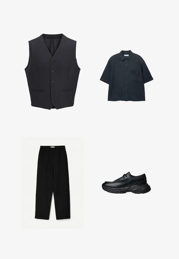 Granatowa kamizelka wykonana z tkaniny w tkane wzory, z dekoltem w kształcie litery V, sześcioma guzikami z przodu, dwoma wąskimi kieszeniami i gładką powierzchnią.; Ciemnoniebieska koszula na krótki rękaw zapinana na guziki, wykonana z lekkiego materiału, z kieszonką na piersi i klasycznym wzorem kołnierzyka.; Czarne, szerokie spodnie wykonane z lekkiego materiału. Posiadają elastyczny pasek w talii oraz gładką teksturę. Brak widocznych wzorów czy elementów metalowych.; Czarne skórzane buty wsuwane z okrągłym noskiem i grubą, teksturowaną gumową podeszwą. Posiadają subtelne przeszycia oraz elastyczne akcenty na kołnierzu.