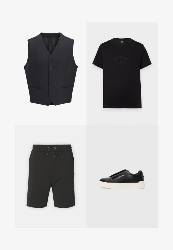 Marineblauwe vest gemaakt van geweven stof, met een V-halslijn, zes knopen aan de voorkant, twee smalle zakken en een gladde textuur.; Zwarte katoenen t-shirt met korte mouwen en een ronde hals. Kenmerkt zich door "ORIGINALS Studio" in ton-sur-ton letters op de voorkant.; Zwarte katoenen shorts met een elastische tailleband, trekkoordsluiting en zijzakken. Glad textuur; knielengte ontwerp.; Zwarte slip-on sneaker met een gestructureerde leren bovenkant, witte rubberen zool en geen zichtbare veters. Beschikt over het merkembleem aan de zijkant.