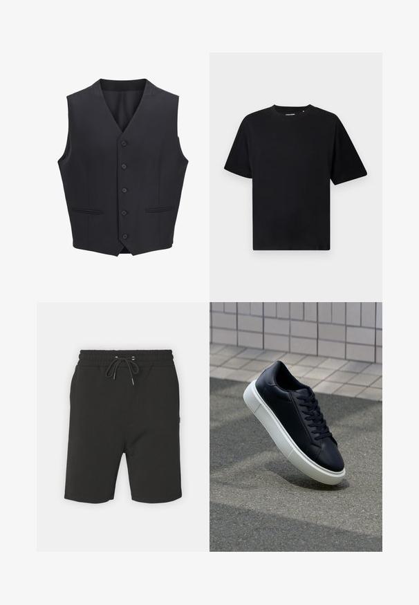 Tumesinine vest, mis on valmistatud kootud kangast, V-kaelusega, kuue esinupuga, kahe kitsaste taskuga ja siledalt tekstuuriga.; Mustame lühikeste varrukatega ümar kaelusega T-särk, millel on mugav lõige, esitletud valgel taustal.; Mustad puuvillased lühikesed püksid elastse vöökohaga, paelaga sulgemine ja küljetaskud. Sile tekstuur; põlve pikkusega disain.; Mustast nahast tennisetoss, millel on ümar nina ja valge kummist tall. Omab siredaid paelu ja minimaalset õmblemist ülemises osas. Tekstuuriga tald, mis tagab haakuvuse.