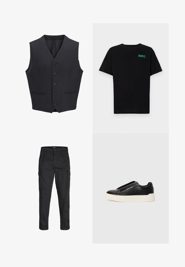 Námořnická modrá vesta vyrobená z tkané látky, s výstřihem do V, šesti předními knoflíky, dvěma úzkými kapsami a hladkou texturou.; Černé tričko vyrobené z bavlny s krátkým rukávem. Na přední straně se nachází zelené logo "ROOTS", kulatý výstřih a standardní střih.; Černé cargo kalhoty vyrobené z odolné tkaniny, s mnoha kapsami, knoflíkovým zapínáním a slim fit střihem se zúženými nohavicemi.; Černé nazouvací tenisky s texturovaným koženým svrškem, bílou gumovou podrážkou a bez viditelných tkaniček. Na boku se nachází logo značky.