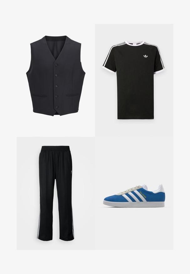 Colete azul-marinho feito de tecido entrelaçado, com decote em V, seis botões frontais, dois bolsos estreitos e uma textura suave.; T-shirt preta feita de algodão com detalhes em branco. Apresenta mangas curtas, design raglan, e um pequeno logótipo no peito. Três riscas brancas nos ombros.; Calças atléticas pretas com um cós elástico, apresentando riscas brancas laterais e um pequeno logótipo. O material parece macio e leve.; adidas Originals ADIDAS GAZELLE SHOES - Botas de futebol de salão - real madrid/bluebird/footwear white/crew yellow