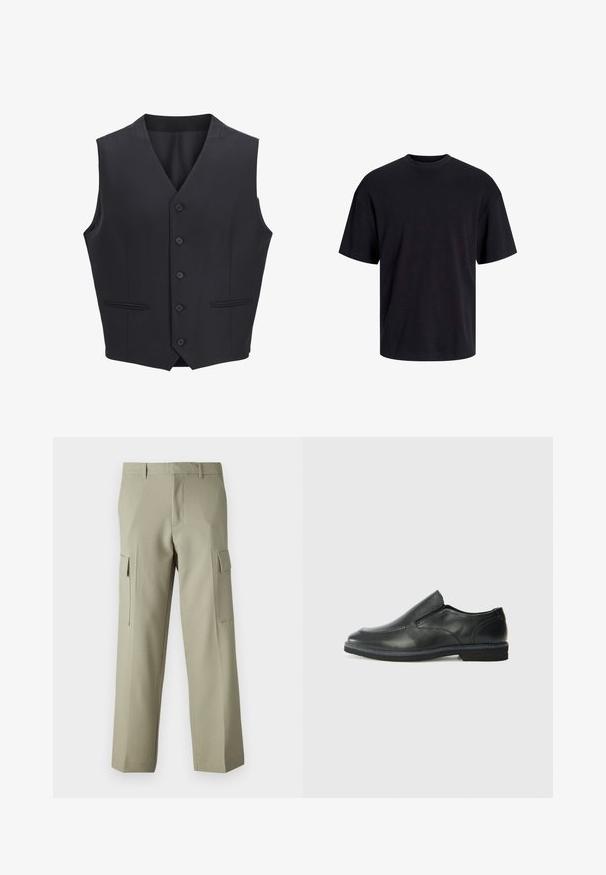 Mornarsko plava prsluk izrađen od tkanog materijala, s V-izrezom, šest prednjih dugmadi, dva uska džepa i glatkom teksturom.; Crna pamučna majica s okruglim izrezom, kratkim rukavima i opuštenim krojem. Glatka tekstura bez vidljivih uzoraka ili dekoracija.; Svijetlozelene cargo hlače s ravnim krojem, s bočnim džepovima i glatkom teksturom tkanine. Prikazan stražnji pogled.; Crne kožne cipele na sklapanje s glatkom gornjom površinom, prošivenim detaljima, zaobljenim vrhom i niskim gumene potplate. Potplat ima minimalne uzorke.