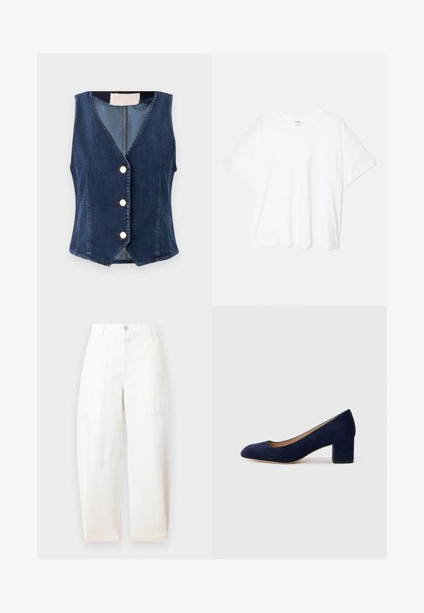 Colete de ganga em azul escuro, com um decote em V, cinco botões brancos à frente e uma silhueta ajustada com uma bainha ligeiramente evasé.; T-shirt de algodão branco com mangas curtas, decote redondo, corte descontraído e bainha cosida. Etiqueta visível no interior do pescoço.; CLOSED RHANNON - Wide leg - ivory; Salgados de camurça azul-marinho com bico fino e um salto quadrado de altura média. Textura suave com um ligeiro brilho e um pequeno corte na parte da frente.