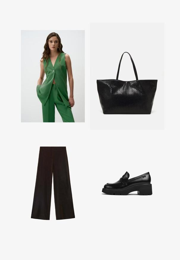 Grüne ärmellose Blazer mit einem tiefen V-Ausschnitt und einem Knopfdetail, kombiniert mit passenden weit geschnittenen Hosen aus einem glatten, matten Stoff.; Navyblaues Satinhemd mit langen Ärmeln, Kragen, vorderer Knopfleiste und seitlichen Taschen. Glatte Textur und taillierte Passform.; Schwarze weite Hose aus weichem Stoff mit hoher Taille und glatter Textur, die klare Linien und keine sichtbaren Verschlüsse aufweist.; Schwarze Leder-Loefer mit klobigem Absatz, dicker Sohle und einem Riemen über der Oberseite, seitlich auf einem weißen Hintergrund gezeigt.; Schwarze geflochtene Tragetasche mit zwei stabilen Griffen, die eine glänzende Textur und ein geräumiges offenes Design bietet.