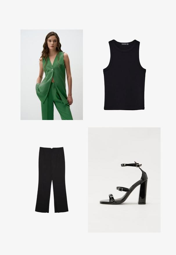 Blazer verde senza maniche con un profondo scollo a V e un dettaglio con bottone, abbinato a pantaloni a gamba larga coordinati in un tessuto liscio e opaco.; Canotta nera in cotone, caratterizzata da un colletto rotondo e ampi giromanica. Texture liscia con orli cuciti. Design classico e minimalista.; Pantaloni neri a gamba dritta, con tasche frontali e spacchi laterali all'orlo. Realizzati in tessuto morbido e liscio. Adatti a diverse occasioni.; Sandali con tacco alto in vernice nera con due cinturini con fibbia, punta quadrata e tacco spesso a blocco, caratterizzati da una texture liscia e lucida.