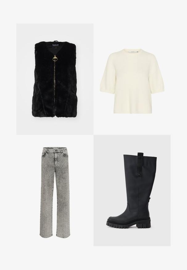 Schwarze Kunstfelle-Weste mit V-Ausschnitt, goldener Reißverschluss und Seitentaschen; weicher Stoff und schweißabsorbierendes Materialdesign.; Kurzärmeliger Pullover mit Rundhalsausschnitt aus weichem, flauschigem Material in Off-White. Hat eine entspannte Passform mit gerippten Bündchen und Saum.; Graue Denim-Jeans mit geradem Bein, verziert mit silbernen Nieten. Mit einem klassischen Fünf-Taschen-Stil und Knopfverschluss.; Schwarze, kniehohe Gummistiefel mit einer massiven Sohle, strukturierter Mischung und einem Stoffziehband an der Oberseite für einfaches An- und Ausziehen. Glatte, matte Oberfläche.