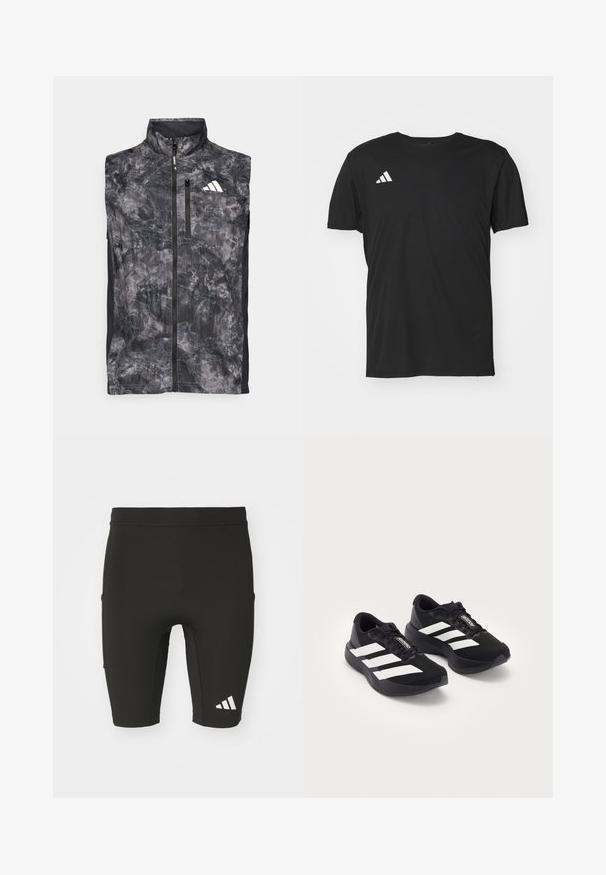 Bezrukávový čierny a šedý mramorovaný bežecký top s predným zipsom, vreckom na zips na hrudi a bielym logom na hornej ľavej časti hrude.; Čierne atletické tričko z ľahkej tkaniny, s krátkymi rukávmi a okrúhlym výstrihom. Biele logo Adidas na hornej ľavej strane.; Čierne športové šortky s tesným strihom, vyrobené z elastického materiálu. Obsahujú tri vrecká a biele logo Adidas na dolnej časti nohavice.; Pár čiernych bežeckých topánok Adidas Adizero s bielymi pruhmi a šnúrkami na bielom pozadí, umiestnených vedľa seba.
