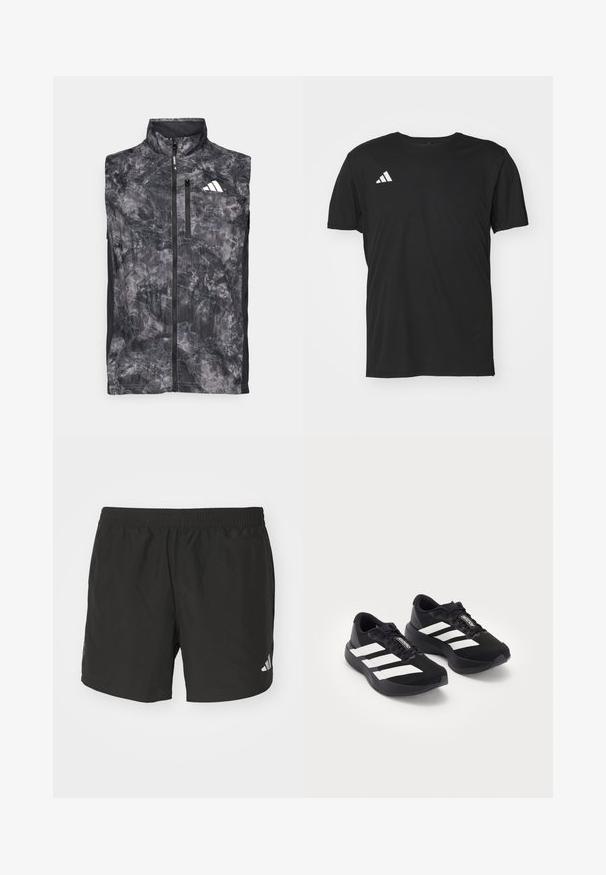 Melnā un pelēkā marmora piedurkņu bez krekla skriešanas veste ar priekšējo rāvējslēdzēju, krūšu kabatu ar rāvējslēdzēju un balto logotipu kreisajā augšējā krūtī.; Melnā sporta T-kreklā, kas izgatavots no viegla auduma, ar īsām piedurknēm un apaļu kakla izgriezumu. Baltais Adidas logo kreisajā augšējā stūrī.; Melnas sporta bikses ar elastīgu jostu, sānu šķeltnēm un atstarojošiem logo akcentiem. Izgatavotas no viegla, gluda auduma.; Melna Adidas Adizero skriešanas apavu pāris ar baltām svītrām un auklām uz baltā fona, izvietoti blakus.