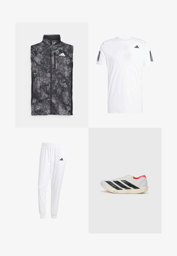 Bezrukávový černý a šedý mramorovaný běžecký vest s předním zipem, kapsou na zip na hrudi a bílým logem na horní levé části hrudi.; Bílá tričko vyrobené z látky, s krátkými rukávy a kulatým výstřihem, má tři černé šikmé pruhy na každém rukávu. Diskrétní logo na hrudi.; Bílé sportovní kalhoty vyrobené z hladkého materiálu, s elastickým pasem a přiléhavými manžetami, s černým logem na zadní kapse.; Bílé běžecké boty s černými pruhy, neonově zelenými akcenty a červenou patou. Mají lehký design a texturovanou podrážku pro lepší přilnavost.