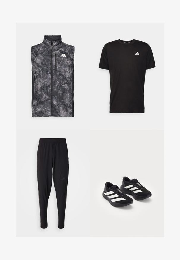 Sleeveless black and gray marbled running vest with front zipper, chest zip pocket, and white logo on the upper left chest.; Black cotton t-shirt with short sleeves, crew neckline, and a white logo on the left chest. Smooth texture and simple design.; Black athletic pants with an elastic waistband, tapered design, side pockets, and subtle logo detail. Made from flexible, breathable fabric.; Pair of black Adidas Adizero running shoes with white stripes and laces on white background, positioned side by side.