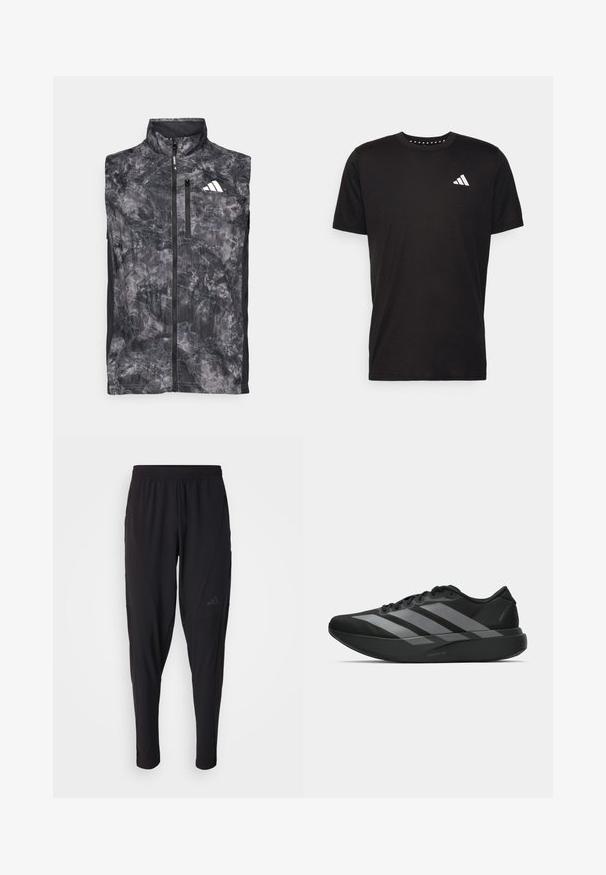Ermeløs svart og grå marmorert løpeveste med frontglidelås, brystlomme med glidelås og hvit logo på øvre venstre bryst.; Svart bomulls t-skjorte med korte ermer, rund hals og en hvit logo på venstre bryst. Glatt tekstur og enkelt design.; Svarte treningsbukser med elastisk midje, smal design, sidelommer og subtil logo. Laget av fleksibelt, pustende stoff.; Sorte svarte treningssko med lett design, med tre fremtredende grå striper, en glatt tekstur og en formet såle.