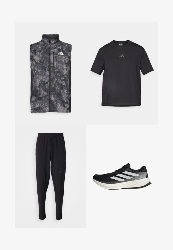 Majica bez rukava crne i sive boje s mramornim uzorkom, s prednjim patentnim zatvaračem, džepom za munje na prsima i bijelim logotipom na gornjem lijevom dijelu prsa.; Crna atletska majica od prozračnog materijala, s kratkim rukavima, okruglim izrezom i reflektirajućim logotipom na prsima.; Crne sportske hlače s elastičnim pojasom, suženim dizajnom, bočnim džepovima i suptilnim logotipom. Izrađene od fleksibilne, prozračne tkanine.; Crna atletska cipela s mrežastim dizajnom, koja ima bijele pruge, zaobljeni vrh i teksturiranu potplate za prianjanje i potporu.