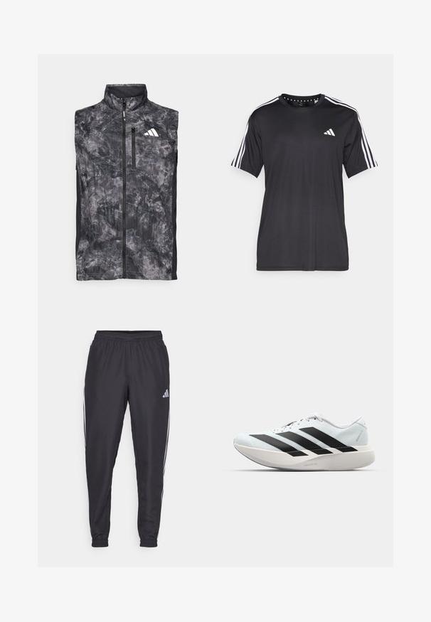 Juodai pilkas bėgimo liemenės modelis be rankovių, su priekiu užtraukiamu užtrauktuku, krūtinės kišene su užtrauktuku ir baltu logotipu viršutinėje kairėje krūtinės pusėje.; Juodas trumpas rankovėmis marškinėliai su balta trijų juostų dizainu ant pečių ir logotipu ant krūtinės. Pagaminta iš kvėpuojančios medžiagos, lygaus pynimo.; Juodi sportiniai kelnių su elastinga juosta, šoninėse pusėse yra baltos juostos, o ant klubų yra mažas logotipas. Lygi tekstūra.; Lengvi bėgimo batai šviesiai mėlynos spalvos su juodomis juostelėmis. Yra lygus viršus, apvalus pirštas ir storas baltas vidpadis su užrašu "LIGHTSTRIKE PRO."