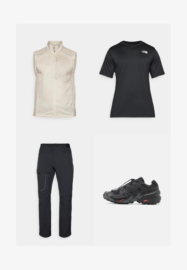 Bezrukávý svetr v světlém béžovém odstínu, vyrobený z texturované látky. Disponuje předním zipem, vysokým límcem a reflexními akcenty na ramenou.; Černé tričko s krátkým rukávem vyrobené z lehkého, vlhkost-odvádějícího materiálu. Obsahuje bílé logo na levé hrudi a kulatý výstřih.; Černé venkovní kalhoty s kapsou na stehně se zipem, elastickým pasem a hladkým, voděodolným materiálem. Čistý design bez viditelných log.; Černá běžecká obuv se syntetickým svrškem, texturovaným designem a kontrastními červenými akcenty. Obsahuje zajištěný systém šněrování a robustní podrážku.