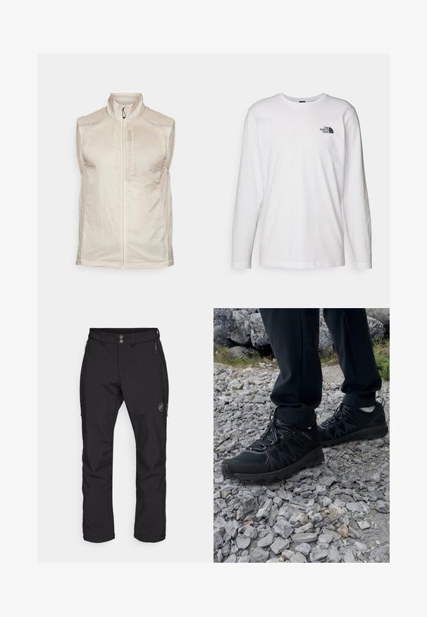 Ärmellose Weste in hellbeige, aus strukturiertem Stoff gefertigt. Mit einem Reißverschluss auf der Vorderseite, hohem Kragen und reflektierenden Akzenten auf den Schultern.; Weißes langärmliges T-Shirt aus Baumwolle mit Rundhalsausschnitt. Verfügt über ein kleines schwarzes Logo auf der Brust. Glatte Textur, reguläre Passform.; Schwarze Outdoor-Hosen mit geradem Beindesign, aus strapazierfähigem Stoff. Enthält zwei Vordertaschen mit Reißverschlüssen und ein Logo auf dem Oberschenkel.; Schwarze Outdoor-Schuhe aus Mesh und synthetischem Material, mit einer strukturierten Oberseite, gesichertem Schnürsystem und griffiger Laufsohle, auf felsigem Gelände.