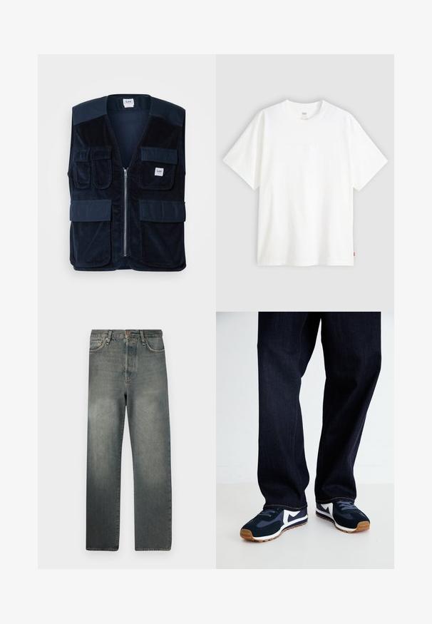 Mornarsko plavi vlaknasti prsluk s patentnim zatvaračem, četiri prednja džepa i oznakom. Ima glatki dizajn ramena i teksturiranu završnu obradu.; Bijela kratka majica od pamuka s okruglim izrezom. Sadrži suptilni reljefni logo detalj sprijeda i crvenu oznaku na rubu.; Jack & Jones JJIALEX JJCOOPER - Vrećaste traperice - black denim; Morske i bijele sportske cipele s teksturiranim gornjim dijelom, vezicama i gumenenim potplatom, uparen s tamnim trapericama s narančastim šavovima.