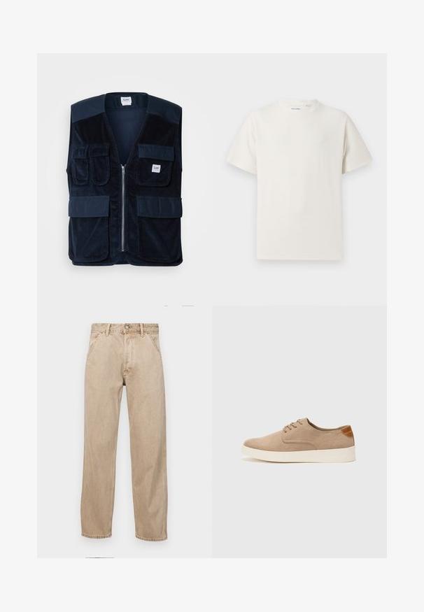 Tengerészeti kordbársony mellény cipzárral elöl, négy elülső zsebbel és címkével. Zökkenőmentes vállkialakítással és texturált felülettel rendelkezik.; Fehér, rövid ujjú póló bordázott textúrával. Kerek nyakkivágás, laza szabás, nincs látható minta vagy díszítés. Egyszerű és sokoldalú dizájn.; Beige színű farmernadrág egyenes fazonnal, elülső zsebekkel, fém gombos záródással és diszkrét textúrával.; Beige velúr sportcipő, kerek orral, fűzős elülső résszel és textúrált hátsó részlettel. Fehér gumitalp kontrasztot ad. Egyszerű és modern design.