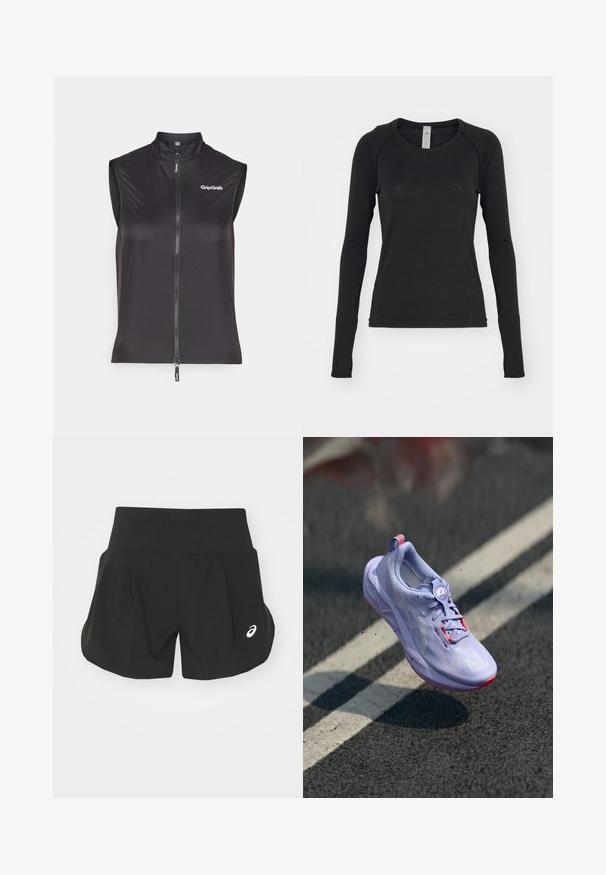 Melnā bezrukavu riteņbraukšanas veste, izgatavota no viegla un elastīga materiāla. Iespējas ar priekšējo rāvējslēdzēju un GripGrab logo uz krūtīm.; Melna garām piedurknēm krekls, izgatavots no mīksta auduma. Iekļauj apaļu kakla izgriezumu un raglan piedurknes ar caurumiem īkšķiem pie aprocēm. Minimalistisks dizains.; Melnas sporta šorts ar platām jostām, plisētu dizainu un mazu balto logotipu kreisajā apakšējā pusē. Mīksts, viegls materiāls.; Gaiši violeta skriešanas apavi ar teksturētu virsmas materiālu, rožīgu akcentu, apaļu šņorēšanas mehānismu un punktētu zoli, izbīdīti virs asfalta fona.