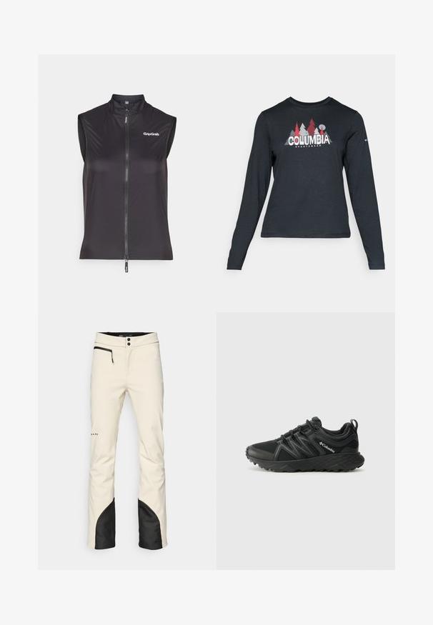 Black sleeveless cycling vest made from lightweight, stretchy material. Features a front zipper and GripGrab logo on the chest.; Long-sleeve dark gray shirt with a graphic of red trees and mountains; "COLUMBIA" logo in bold white text. Soft fabric, standard crew neck.; Men's ski pants in cream with a black accent at the hem. Features a zippered pocket, button closure, and tapered legs. Soft, water-resistant material.; Columbia PEAKFREAK - Hiking shoes - black