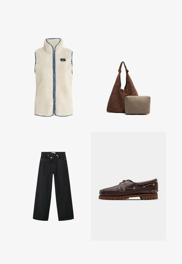 Protest PRTBODHI - Vest - kitoffwhite; Striktrøje med et tan- og navy argyle mønster, en hvidstribet skjorte med krave under, samt et tekstureret, blødt materiale.; Højtaljede sorte denim jeans med bred benstil, fem-lomme design og sølvfarvet metal hardware foran til lukning.; Brune læder bådsko med gyldne øjer, runde snørebånd og en struktureret brun gummisål. Har quiltede detaljer og et forhøjet logo.; Brun ruskinds skuldertaske med en knyttet rem, der inkluderer en lille beige lynlåspung. Tasken har en blød tekstur og et enkelt design.