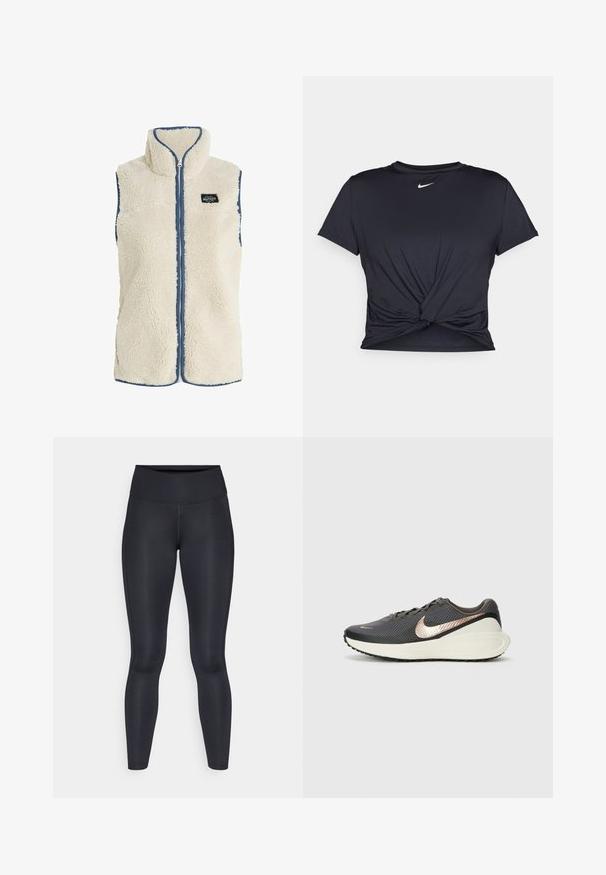 Protest PRTBODHI - Chaleco - kitoffwhite; Camiseta atlética negra hecha de tela suave, con un diseño de nudo en la parte delantera y un pequeño logo blanco de Nike en el pecho.; Leggings negros hechos de una tela suave y elástica. Cintura alta sin patrones ni acentos visibles. Se ajustan estrechamente desde la cintura hasta los tobillos.; Zapatilla deportiva negra con un upper de malla texturizada, un swoosh metálico en oro rosa y una suela blanca acolchada. Suela de goma con patrón de tracción.